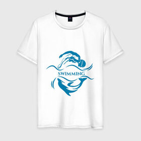 Мужская футболка хлопок с принтом Плавание в Кировске, 100% хлопок | прямой крой, круглый вырез горловины, длина до линии бедер, слегка спущенное плечо. | бассейн | вода | волна | дельфин | плавание | пловец