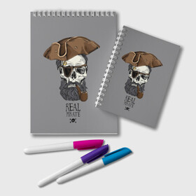 Блокнот с принтом Real pirate в Кировске, 100% бумага | 48 листов, плотность листов — 60 г/м2, плотность картонной обложки — 250 г/м2. Листы скреплены удобной пружинной спиралью. Цвет линий — светло-серый
 | beard | bones | crossed | drawing | font | funny | graphics | hat | inscription | mustache | one eyed | pipe | pirate | real | roger | skull | smoking | борода | весёлый | графика | кости | кури | надпись | одноглазый | перекрещенные | пират | реальный | 