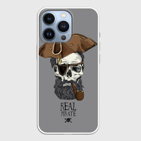Чехол для iPhone 13 Pro с принтом Real pirate в Кировске,  |  | beard | bones | crossed | drawing | font | funny | graphics | hat | inscription | mustache | one eyed | pipe | pirate | real | roger | skull | smoking | борода | весёлый | графика | кости | кури | надпись | одноглазый | перекрещенные | пират | реальный | 