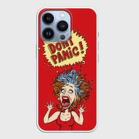 Чехол для iPhone 13 Pro с принтом Dont panic в Кировске,  |  | colored | comic | drawing | eyes | hair | horror | mouth | no | open | panic | pop art | protruding | retro | screaming | sticking out | woman | волосы | выпученные | глаза | дыбом | женщина | комикс | кричит | нет | открытый | паника | поп арт | ретро | 