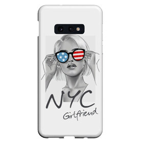 Чехол для Samsung S10E с принтом NYC girlfriend в Кировске, Силикон | Область печати: задняя сторона чехла, без боковых панелей | beautiful | blonde | city | flag | girl | girlfriend | new york | reflection | stars | stripes | usa | блондинка | город | девушка | звезды | красивая | нью йорк | отражение | очки | подруга | полосы | сша | флаг