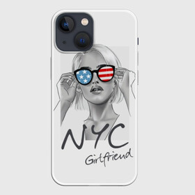 Чехол для iPhone 13 mini с принтом NYC girlfriend в Кировске,  |  | beautiful | blonde | city | flag | girl | girlfriend | new york | reflection | stars | stripes | usa | блондинка | город | девушка | звезды | красивая | нью йорк | отражение | очки | подруга | полосы | сша | флаг