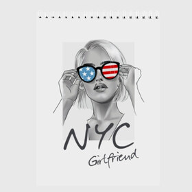 Скетчбук с принтом NYC girlfriend в Кировске, 100% бумага
 | 48 листов, плотность листов — 100 г/м2, плотность картонной обложки — 250 г/м2. Листы скреплены сверху удобной пружинной спиралью | beautiful | blonde | city | flag | girl | girlfriend | new york | reflection | stars | stripes | usa | блондинка | город | девушка | звезды | красивая | нью йорк | отражение | очки | подруга | полосы | сша | флаг
