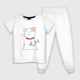 Детская пижама хлопок с принтом Манэки-нэко в Кировске, 100% хлопок |  брюки и футболка прямого кроя, без карманов, на брюках мягкая резинка на поясе и по низу штанин
 | cat | maneki | maneki neko | neko | денежный кот | зовущая кошка | кот | кот счастья | кот удачи | котенок | котэ | кошка | манеки | манэки нэко | манящий кот | нэко | приглашающий кот | удача