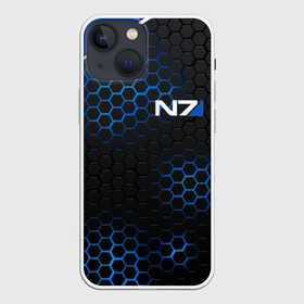 Чехол для iPhone 13 mini с принтом MASS EFFECT N7 | МАСС ЭФФЕКТ Н7 в Кировске,  |  | blue | n7 | neon | броня | костюм | масс эффект | н7 | неон | синий | соты | стальная броня | стальные соты | шепард