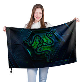 Флаг 3D с принтом RAZER в Кировске, 100% полиэстер | плотность ткани — 95 г/м2, размер — 67 х 109 см. Принт наносится с одной стороны | game | razer | texture | зеленый | игровое лого | игромания | игры | рэйзер | текстуры