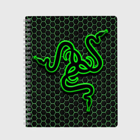 Тетрадь с принтом RAZER в Кировске, 100% бумага | 48 листов, плотность листов — 60 г/м2, плотность картонной обложки — 250 г/м2. Листы скреплены сбоку удобной пружинной спиралью. Уголки страниц и обложки скругленные. Цвет линий — светло-серый
 | game | razer | texture | зеленый | игровое лого | игромания | игры | рэйзер | текстуры