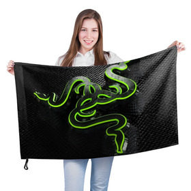 Флаг 3D с принтом RAZER в Кировске, 100% полиэстер | плотность ткани — 95 г/м2, размер — 67 х 109 см. Принт наносится с одной стороны | game | razer | texture | зеленый | игровое лого | игромания | игры | рэйзер | текстуры