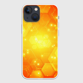 Чехол для iPhone 13 mini с принтом ОРАНЖЕВЫЕ СОТЫ в Кировске,  |  | abstraction | cyber | cyberpunk | future | geometry | hexagon | neon | techno | texture | абстракция | броня | геометрия | кибер | краски | неон | неоновый | сетка | соты | стальная броня | стальные соты | текстура | шестигранники