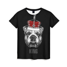 Женская футболка 3D с принтом Английский бульдог с короной в Кировске, 100% полиэфир ( синтетическое хлопкоподобное полотно) | прямой крой, круглый вырез горловины, длина до линии бедер | animals | authority | breed | bulldog | cool | crown | dog | english | fighting | head | illustration | inscription | king | muzzle | supreme | swag | авторитет | английский | бойцовый | бульдог | верховный | голова | животные | иллюстрация | король | кор