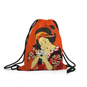 Рюкзак-мешок 3D с принтом Японка в Кировске, 100% полиэстер | плотность ткани — 200 г/м2, размер — 35 х 45 см; лямки — толстые шнурки, застежка на шнуровке, без карманов и подкладки | brunette | ceremony | culture | east | flowers | geisha | hairstyle | japan | japanese woman | kimono | makeup | tea | traditions | брюнетка | восток | кимоно | культура | макияж | прическа | традиции | цветы | церемония | чай | чайная | япония | 