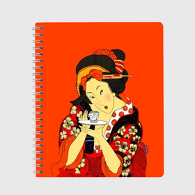 Тетрадь с принтом Японка в Кировске, 100% бумага | 48 листов, плотность листов — 60 г/м2, плотность картонной обложки — 250 г/м2. Листы скреплены сбоку удобной пружинной спиралью. Уголки страниц и обложки скругленные. Цвет линий — светло-серый
 | brunette | ceremony | culture | east | flowers | geisha | hairstyle | japan | japanese woman | kimono | makeup | tea | traditions | брюнетка | восток | кимоно | культура | макияж | прическа | традиции | цветы | церемония | чай | чайная | япония | 