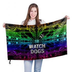 Флаг 3D с принтом WATCH DOGS в Кировске, 100% полиэстер | плотность ткани — 95 г/м2, размер — 67 х 109 см. Принт наносится с одной стороны | action | ct os | ded sec | fox | game | gamer | glitch | hacker | player | watch dogs | watch dogs 2 | глитч | знак лиса | игра | компьютерная игра | маркус | хакер