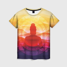 Женская футболка 3D с принтом Будда в Кировске, 100% полиэфир ( синтетическое хлопкоподобное полотно) | прямой крой, круглый вырез горловины, длина до линии бедер | buddha | calm | color | enlightenment | india | meditatio | mountains | nature | purple | red | religion | symbol | yellow | yoga | будда | горы | духовность | желтый | индия | йога | красный | медитация | природа | просветление | расслабление | религия |