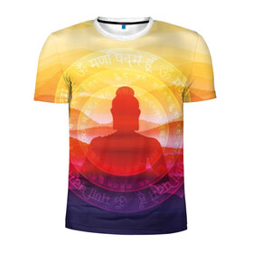 Мужская футболка 3D спортивная с принтом Будда в Кировске, 100% полиэстер с улучшенными характеристиками | приталенный силуэт, круглая горловина, широкие плечи, сужается к линии бедра | Тематика изображения на принте: buddha | calm | color | enlightenment | india | meditatio | mountains | nature | purple | red | religion | symbol | yellow | yoga | будда | горы | духовность | желтый | индия | йога | красный | медитация | природа | просветление | расслабление | религия |