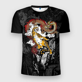 Мужская футболка 3D спортивная с принтом Тигр и дракон в Кировске, 100% полиэстер с улучшенными характеристиками | приталенный силуэт, круглая горловина, широкие плечи, сужается к линии бедра | animals | clouds | country | dragon | east | fangs | japanese | mythical | nature | predator | rising | sun | tiger | восток | восходящего | дракон | животные | клыки | мифический | облака | природа | солнца | страна | тигр | хищник | японский