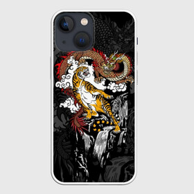 Чехол для iPhone 13 mini с принтом Тигр и дракон в Кировске,  |  | animals | clouds | country | dragon | east | fangs | japanese | mythical | nature | predator | rising | sun | tiger | восток | восходящего | дракон | животные | клыки | мифический | облака | природа | солнца | страна | тигр | хищник | японский