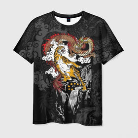 Мужская футболка 3D с принтом Тигр и дракон в Кировске, 100% полиэфир | прямой крой, круглый вырез горловины, длина до линии бедер | animals | clouds | country | dragon | east | fangs | japanese | mythical | nature | predator | rising | sun | tiger | восток | восходящего | дракон | животные | клыки | мифический | облака | природа | солнца | страна | тигр | хищник | японский