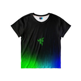 Детская футболка 3D с принтом RAZER NEON в Кировске, 100% гипоаллергенный полиэфир | прямой крой, круглый вырез горловины, длина до линии бедер, чуть спущенное плечо, ткань немного тянется | game | razer | texture | зеленый | игровое лого | игромания | игры | рэйзер | текстуры