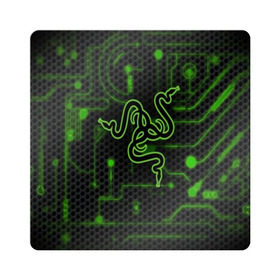 Магнит виниловый Квадрат с принтом RAZER CARBON в Кировске, полимерный материал с магнитным слоем | размер 9*9 см, закругленные углы | Тематика изображения на принте: game | razer | texture | зеленый | игровое лого | игромания | игры | рэйзер | текстуры