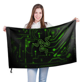 Флаг 3D с принтом RAZER CARBON в Кировске, 100% полиэстер | плотность ткани — 95 г/м2, размер — 67 х 109 см. Принт наносится с одной стороны | game | razer | texture | зеленый | игровое лого | игромания | игры | рэйзер | текстуры