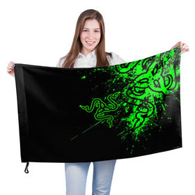Флаг 3D с принтом RAZER в Кировске, 100% полиэстер | плотность ткани — 95 г/м2, размер — 67 х 109 см. Принт наносится с одной стороны | game | razer | texture | зеленый | игровое лого | игромания | игры | рэйзер | текстуры