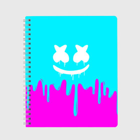 Тетрадь с принтом MARSHMELLO в Кировске, 100% бумага | 48 листов, плотность листов — 60 г/м2, плотность картонной обложки — 250 г/м2. Листы скреплены сбоку удобной пружинной спиралью. Уголки страниц и обложки скругленные. Цвет линий — светло-серый
 | Тематика изображения на принте: colors | dj | marshmello | paints | usa | америка | брызги | клубная музыка | краска | маршмелло | музыка | музыкант