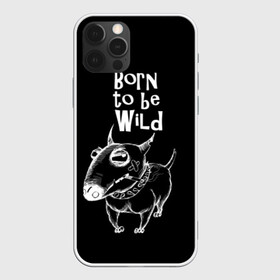 Чехол для iPhone 12 Pro с принтом Born to be wild в Кировске, силикон | область печати: задняя сторона чехла, без боковых панелей | Тематика изображения на принте: angry | animals | authority | b | black and white | bull terrier | bully | cool | dog | fight | illustration | swag | thug | wild | авторитет | бандит | бойцовый | бультерьер | дикий | животные | злой | иллюстрация | крутой | надпись | ошейник | п