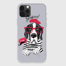 Чехол для iPhone 12 Pro Max с принтом Привет! в Кировске, Силикон |  | animal | beret | breed | dog | france | german | illustration | inscription | mustache | paris | vest | берет | дог | животное | иллюстрация | надпись | немецкий | очки | париж | порода | собака | тельняшка | усы | франция