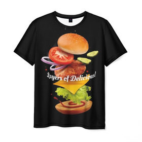 Мужская футболка 3D с принтом Гамбургер в Кировске, 100% полиэфир | прямой крой, круглый вырез горловины, длина до линии бедер | bun | cheese | cucumber | explosion | hamburger | ingredients | inscription | ketchup | meat | onion | salad | sesame | share | tomato | tomatoes | булочка | взрыв | гамбургер | доля | ингредиенты | кетчуп | кунжут | лук | мясо | надпись | огурец | помидо
