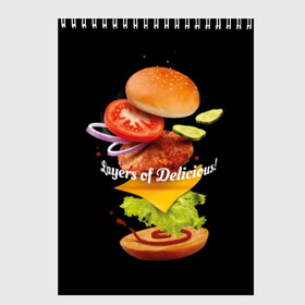 Скетчбук с принтом Гамбургер в Кировске, 100% бумага
 | 48 листов, плотность листов — 100 г/м2, плотность картонной обложки — 250 г/м2. Листы скреплены сверху удобной пружинной спиралью | bun | cheese | cucumber | explosion | hamburger | ingredients | inscription | ketchup | meat | onion | salad | sesame | share | tomato | tomatoes | булочка | взрыв | гамбургер | доля | ингредиенты | кетчуп | кунжут | лук | мясо | надпись | огурец | помидо
