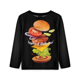 Детский лонгслив 3D с принтом Гамбургер в Кировске, 100% полиэстер | длинные рукава, круглый вырез горловины, полуприлегающий силуэт
 | bun | cheese | cucumber | explosion | hamburger | ingredients | inscription | ketchup | meat | onion | salad | sesame | share | tomato | tomatoes | булочка | взрыв | гамбургер | доля | ингредиенты | кетчуп | кунжут | лук | мясо | надпись | огурец | помидо