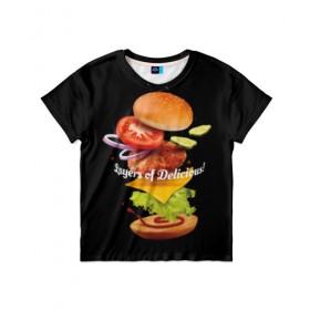 Детская футболка 3D с принтом Гамбургер в Кировске, 100% гипоаллергенный полиэфир | прямой крой, круглый вырез горловины, длина до линии бедер, чуть спущенное плечо, ткань немного тянется | Тематика изображения на принте: bun | cheese | cucumber | explosion | hamburger | ingredients | inscription | ketchup | meat | onion | salad | sesame | share | tomato | tomatoes | булочка | взрыв | гамбургер | доля | ингредиенты | кетчуп | кунжут | лук | мясо | надпись | огурец | помидо