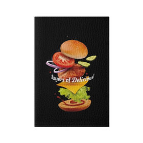 Обложка для паспорта матовая кожа с принтом Гамбургер в Кировске, натуральная матовая кожа | размер 19,3 х 13,7 см; прозрачные пластиковые крепления | bun | cheese | cucumber | explosion | hamburger | ingredients | inscription | ketchup | meat | onion | salad | sesame | share | tomato | tomatoes | булочка | взрыв | гамбургер | доля | ингредиенты | кетчуп | кунжут | лук | мясо | надпись | огурец | помидо
