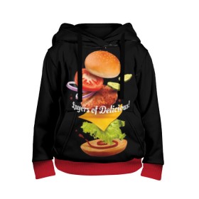 Детская толстовка 3D с принтом Гамбургер в Кировске, 100% полиэстер | двухслойный капюшон со шнурком для регулировки, мягкие манжеты на рукавах и по низу толстовки, спереди карман-кенгуру с мягким внутренним слоем | bun | cheese | cucumber | explosion | hamburger | ingredients | inscription | ketchup | meat | onion | salad | sesame | share | tomato | tomatoes | булочка | взрыв | гамбургер | доля | ингредиенты | кетчуп | кунжут | лук | мясо | надпись | огурец | помидо