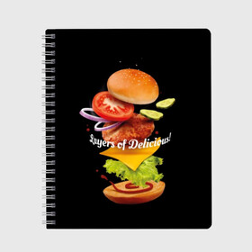 Тетрадь с принтом Гамбургер в Кировске, 100% бумага | 48 листов, плотность листов — 60 г/м2, плотность картонной обложки — 250 г/м2. Листы скреплены сбоку удобной пружинной спиралью. Уголки страниц и обложки скругленные. Цвет линий — светло-серый
 | Тематика изображения на принте: bun | cheese | cucumber | explosion | hamburger | ingredients | inscription | ketchup | meat | onion | salad | sesame | share | tomato | tomatoes | булочка | взрыв | гамбургер | доля | ингредиенты | кетчуп | кунжут | лук | мясо | надпись | огурец | помидо