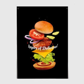 Постер с принтом Гамбургер в Кировске, 100% бумага
 | бумага, плотность 150 мг. Матовая, но за счет высокого коэффициента гладкости имеет небольшой блеск и дает на свету блики, но в отличии от глянцевой бумаги не покрыта лаком | bun | cheese | cucumber | explosion | hamburger | ingredients | inscription | ketchup | meat | onion | salad | sesame | share | tomato | tomatoes | булочка | взрыв | гамбургер | доля | ингредиенты | кетчуп | кунжут | лук | мясо | надпись | огурец | помидо