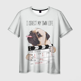 Мужская футболка 3D с принтом I direct my own life в Кировске, 100% полиэфир | прямой крой, круглый вырез горловины, длина до линии бедер | animal | board | direct | dog | his | i | life | pug | slate | the inscription | грифельная | доска | животное | жизнь | мопс | надпись | направляю | свою | собака | я