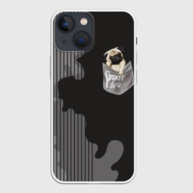 Чехол для iPhone 13 mini с принтом Мопс в кармане в Кировске,  |  | animal | breed | dog | funny | illustration | imprint | paw | pocket | pug | puppy | sits | small | trace | животное | иллюстрация | карман | лапа | маленький | мопс | отпечаток | порода | сидит | след | смешная | собака | щенок