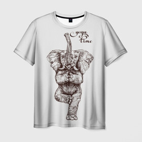 Мужская футболка 3D с принтом Yoga time в Кировске, 100% полиэфир | прямой крой, круглый вырез горловины, длина до линии бедер | animal | culture | elephant | graphics | india | indian | meditation | posture | stand | yoga | графика | животное | индийский | индия | йога | культура | медитация | слон | стойка