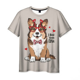 Мужская футболка 3D с принтом I need your love в Кировске, 100% полиэфир | прямой крой, круглый вырез горловины, длина до линии бедер | animal | bow tie | breed | corgi | cute | dog | funny | hearts | holiday | pembroke | polka dot | red | saint | valentine | валентина | вельш корги | галстук бабочка | горошек | день | животное | красный | любовь | милая | очки | пемброк | пород