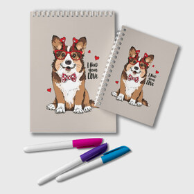 Блокнот с принтом I need your love в Кировске, 100% бумага | 48 листов, плотность листов — 60 г/м2, плотность картонной обложки — 250 г/м2. Листы скреплены удобной пружинной спиралью. Цвет линий — светло-серый
 | Тематика изображения на принте: animal | bow tie | breed | corgi | cute | dog | funny | hearts | holiday | pembroke | polka dot | red | saint | valentine | валентина | вельш корги | галстук бабочка | горошек | день | животное | красный | любовь | милая | очки | пемброк | пород