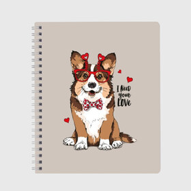 Тетрадь с принтом I need your love в Кировске, 100% бумага | 48 листов, плотность листов — 60 г/м2, плотность картонной обложки — 250 г/м2. Листы скреплены сбоку удобной пружинной спиралью. Уголки страниц и обложки скругленные. Цвет линий — светло-серый
 | animal | bow tie | breed | corgi | cute | dog | funny | hearts | holiday | pembroke | polka dot | red | saint | valentine | валентина | вельш корги | галстук бабочка | горошек | день | животное | красный | любовь | милая | очки | пемброк | пород