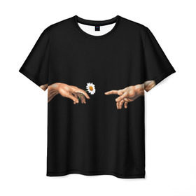 Мужская футболка 3D с принтом Сотворение Адама в Кировске, 100% полиэфир | прямой крой, круглый вырез горловины, длина до линии бедер | палец к пальцу | ромашка | рука к руке | цветы