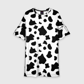 Детское платье 3D с принтом Корова в Кировске, 100% полиэстер | прямой силуэт, чуть расширенный к низу. Круглая горловина, на рукавах — воланы | Тематика изображения на принте: animal | black white | cow | pattern | животное | кавай | корова | паттерн | пятна | черно белое