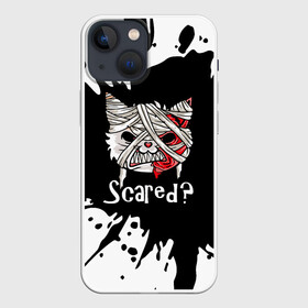 Чехол для iPhone 13 mini с принтом Ну что, страшно в Кировске,  |  | bandage | blood | blot.black | cat | fangs | fear | halloween | horror | kitten | teeth | white | белый | бинт | зубы | клыки | клякса | кот | котенок | кошка | кровь | ужас | хэллоуин | черный