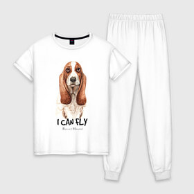 Женская пижама хлопок с принтом Бассет-хаунд в Кировске, 100% хлопок | брюки и футболка прямого кроя, без карманов, на брюках мягкая резинка на поясе и по низу штанин | Тематика изображения на принте: dog | бассет | бассет хаунд | собака | собаки | хаунд