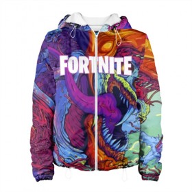 Женская куртка 3D с принтом FORTNITE HYPERBEAST в Кировске, ткань верха — 100% полиэстер, подклад — флис | прямой крой, подол и капюшон оформлены резинкой с фиксаторами, два кармана без застежек по бокам, один большой потайной карман на груди. Карман на груди застегивается на липучку | 2019 | armor | armour | cybersport | esport | fortnite | game | hyperbeast | logo | monster | season 9 | skin | броня | игра | киберспорт | сезон 9 | фиолетовый | фортнайт