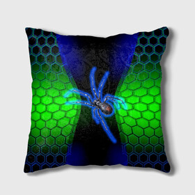 Подушка 3D с принтом Паук на ночной охоте в Кировске, наволочка – 100% полиэстер, наполнитель – холлофайбер (легкий наполнитель, не вызывает аллергию). | состоит из подушки и наволочки. Наволочка на молнии, легко снимается для стирки | зеленая броня | зеленый неон | классный дизайн | ночь | паук | паук дизайн | паук на охоте | паук охотник | пчелиные | соты | темная футболка | футболка с пауком | черные соты