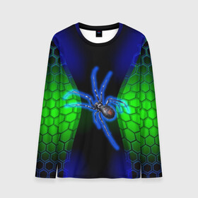 Мужской лонгслив 3D с принтом Паук на ночной охоте в Кировске, 100% полиэстер | длинные рукава, круглый вырез горловины, полуприлегающий силуэт | зеленая броня | зеленый неон | классный дизайн | ночь | паук | паук дизайн | паук на охоте | паук охотник | пчелиные | соты | темная футболка | футболка с пауком | черные соты
